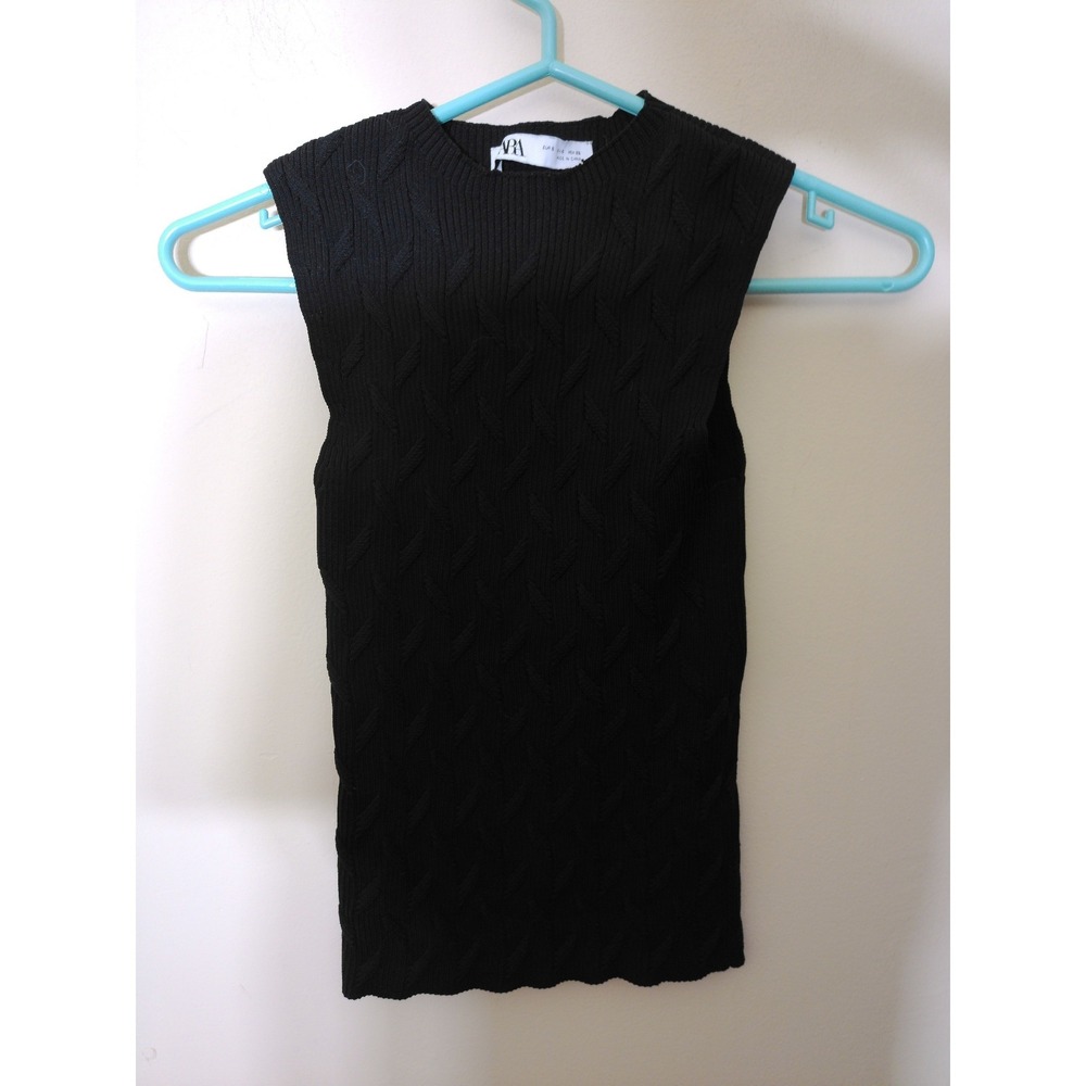 Zara Cable Knit Sweater Vest Women Small Black Sleeveless Crew Neck Acedemia